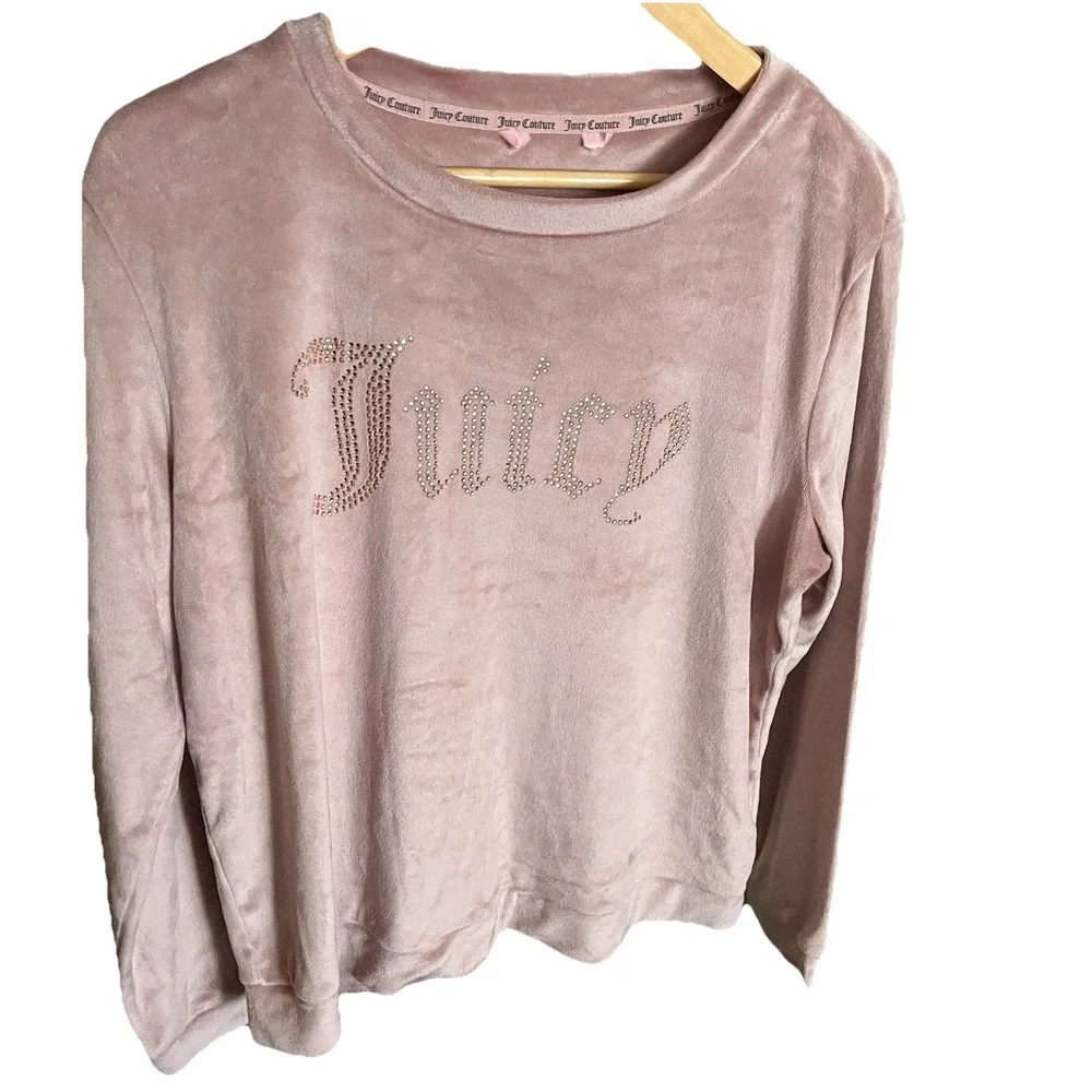 Juicy Couture Blush Pink Velour Bling Top Sleep Shirt Sz L Cozy Loungewear‎ Y2K